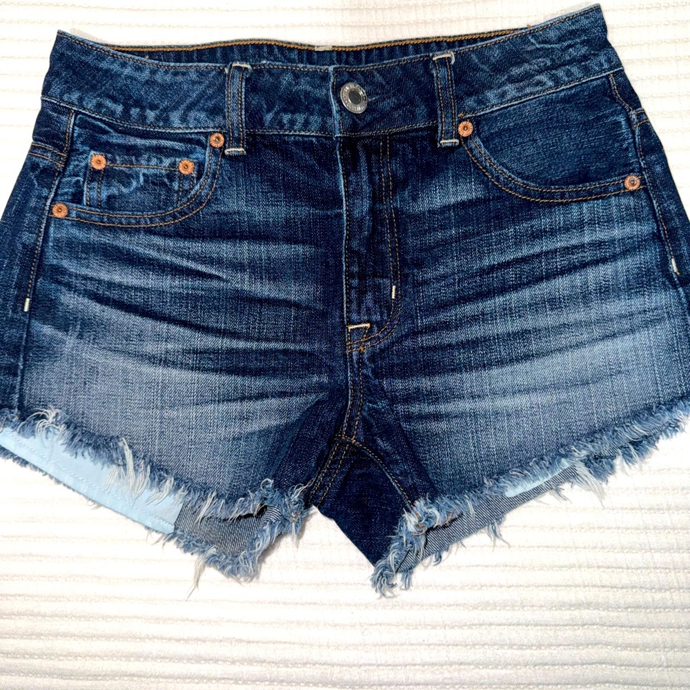 American Eagle Dark Blue Frayed Jean Shorts